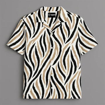 Cream And Black Printed Half Sleeve Shirt