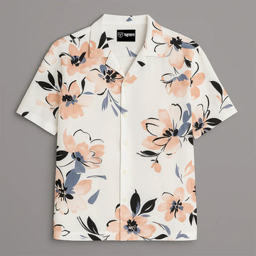 White Flower Printed Half Sleeve Shirt