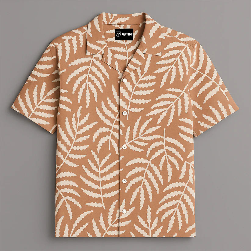 Brown Leaf Printed Half Sleeve Shirt