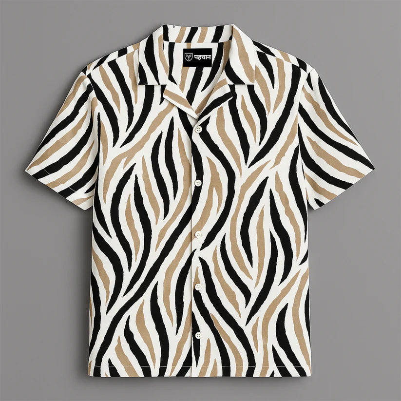 Cream And Black Printed Half Sleeve Shirt