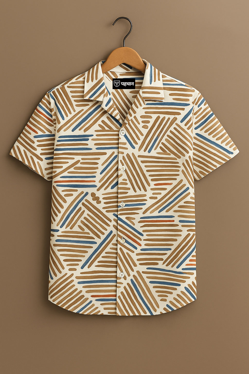Beige Leaf Print Casual Cotton-Linen Shirt – Half Sleeve, Relaxed Fit
