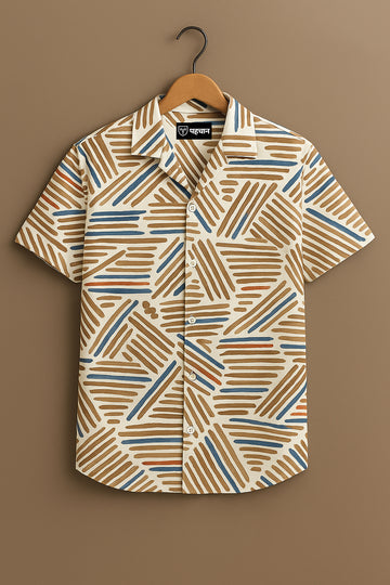 Beige Leaf Print Casual Cotton-Linen Shirt – Half Sleeve, Relaxed Fit