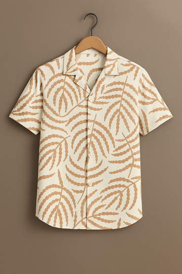 Cream Leaf Print Cotton Shirt