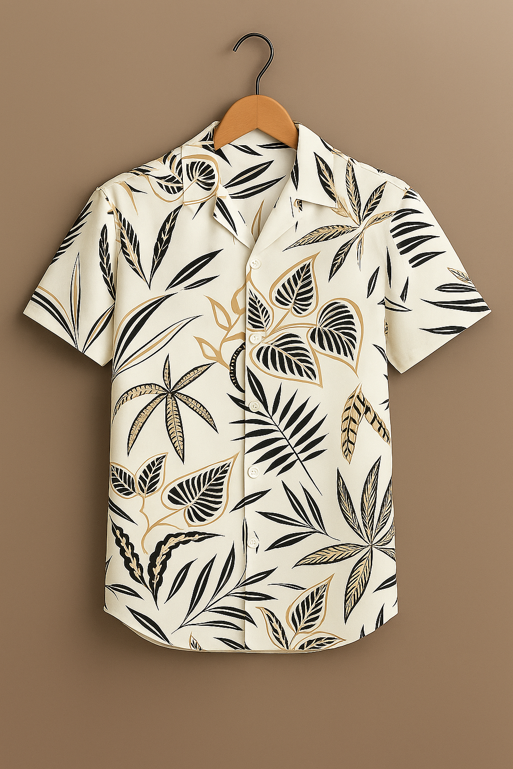 Beige Tropical Leaf Print Cotton Shirt
