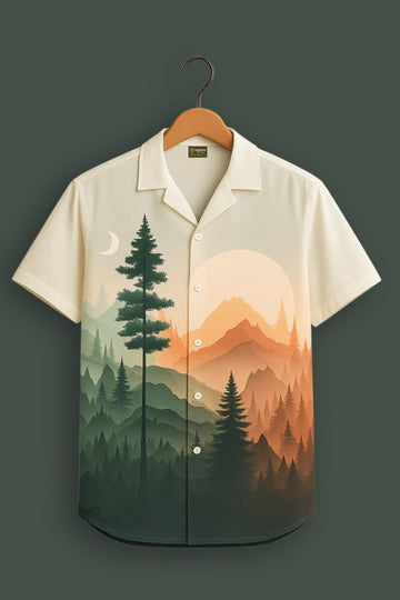 Sunset Mountain Forest Print Rayon Shirt