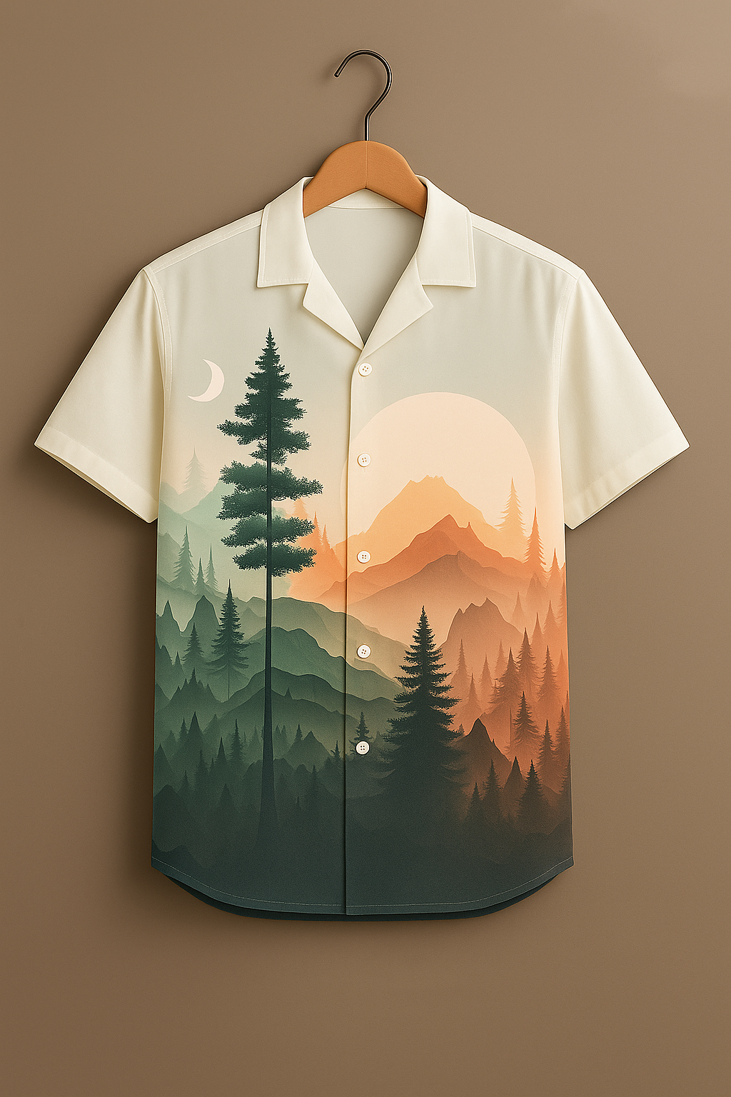 Sunset Mountain Forest Print Rayon Shirt