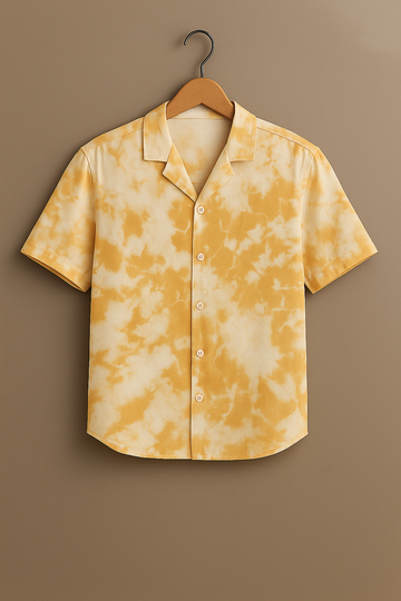 Yellow Tie-Dye Cotton Shirt  Lightweight Short Sleeve Casual Fit