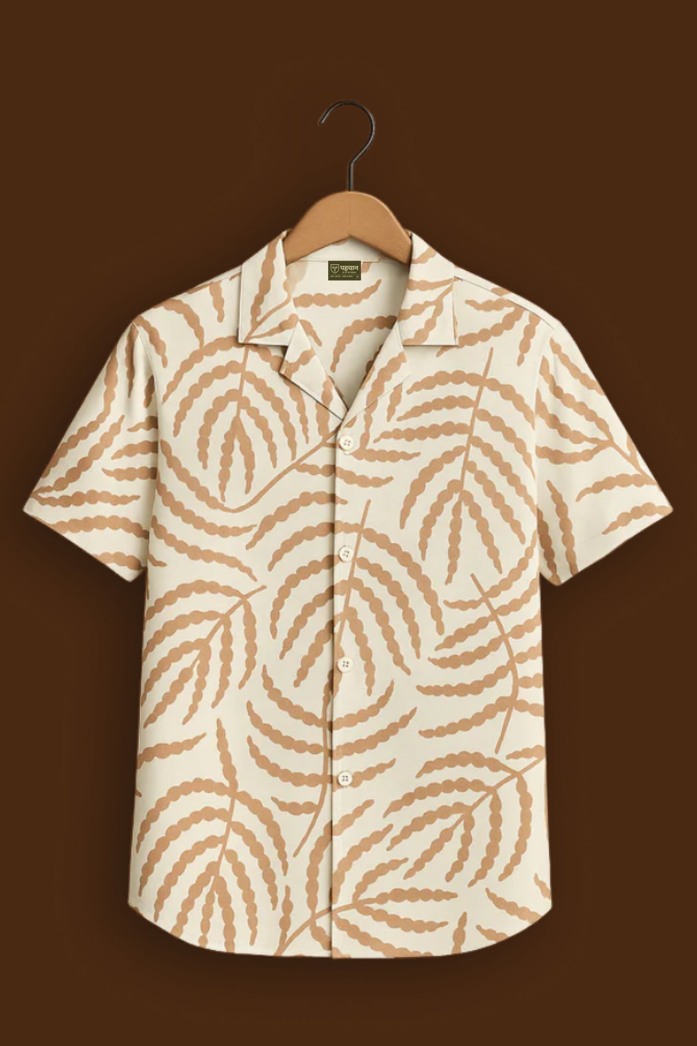 Cream Leaf Print Cotton Shirt