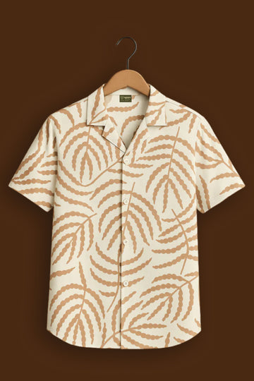 Cream Leaf Print Cotton Shirt