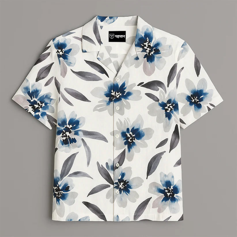 White Flower Printed Half Sleeve Shirt