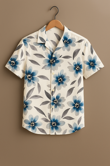White Flower Printed Half Sleeve Shirt
