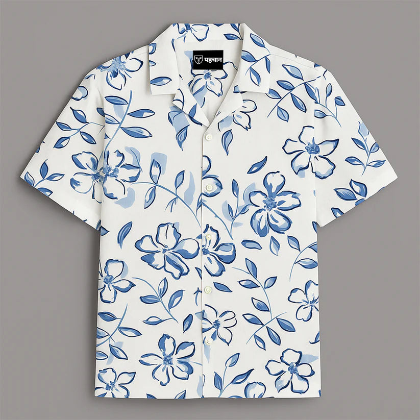 White Flower Printed Half Sleeve Shirt