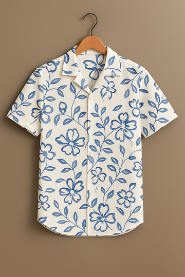 White Flower Printed Half Sleeve Shirt