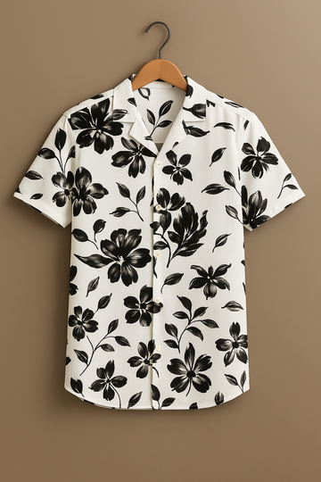 White Flower Printed Half Sleeve Shirt