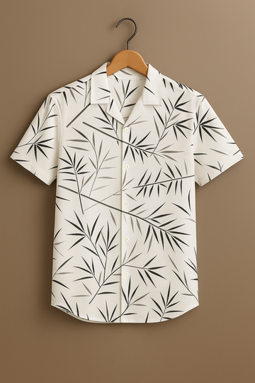 White Bamboo Leaf Print Cotton Shirt
