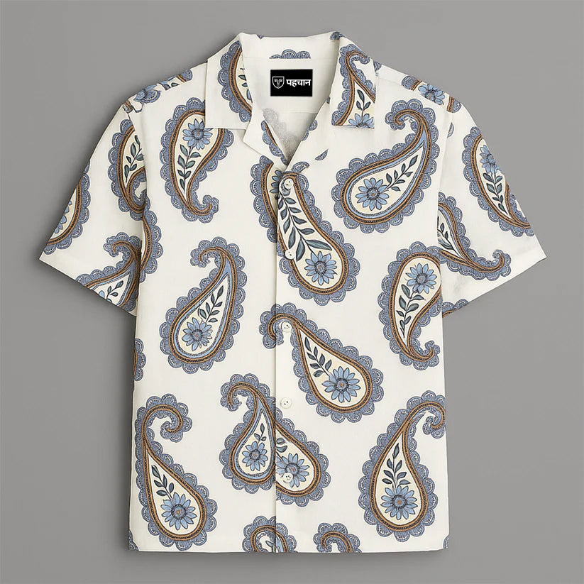 White Paisley Printed Half Sleeve Shirt