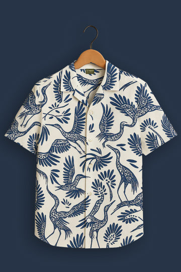 White Crane Print Cotton Shirt