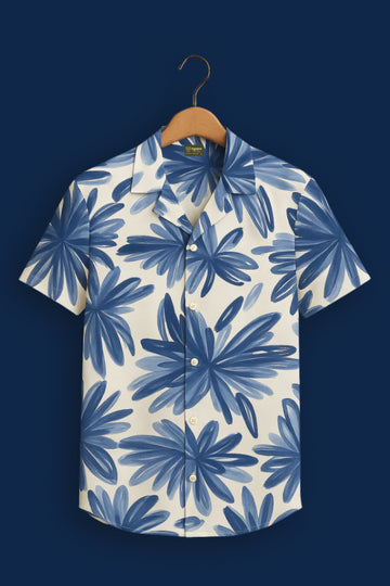 Blue Flower Printed Half Sleeve Shirt