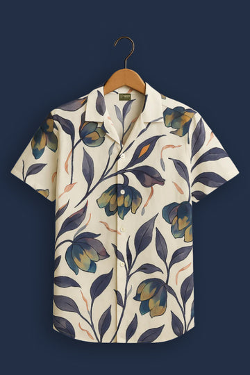 White Flower Printed Half Sleeve Shirt