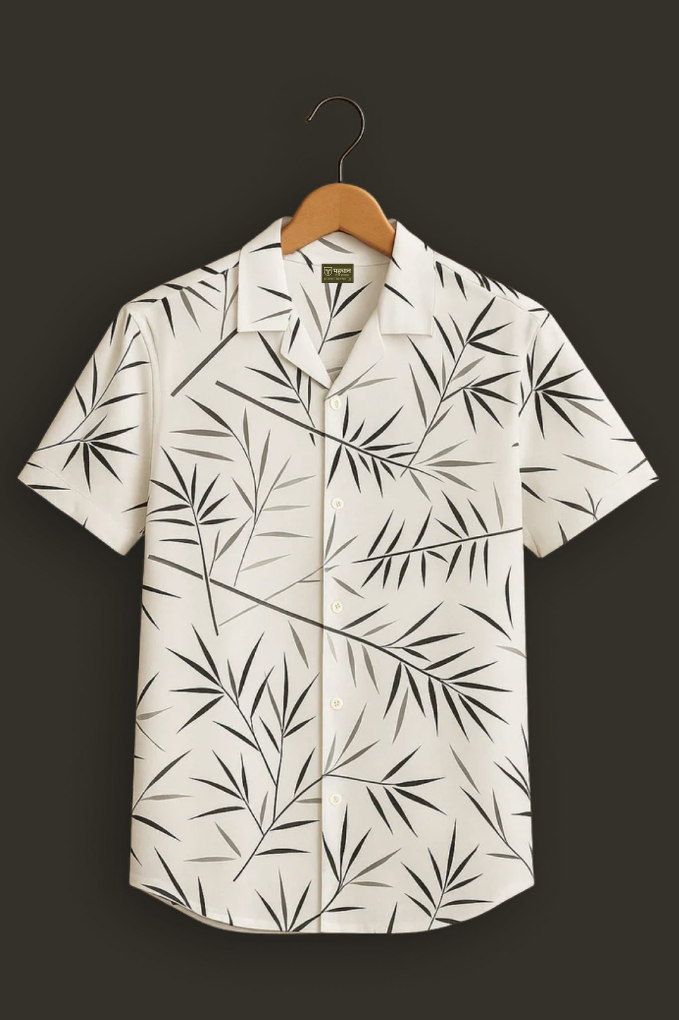 White Bamboo Leaf Print Cotton Shirt