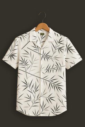 White Bamboo Leaf Print Cotton Shirt