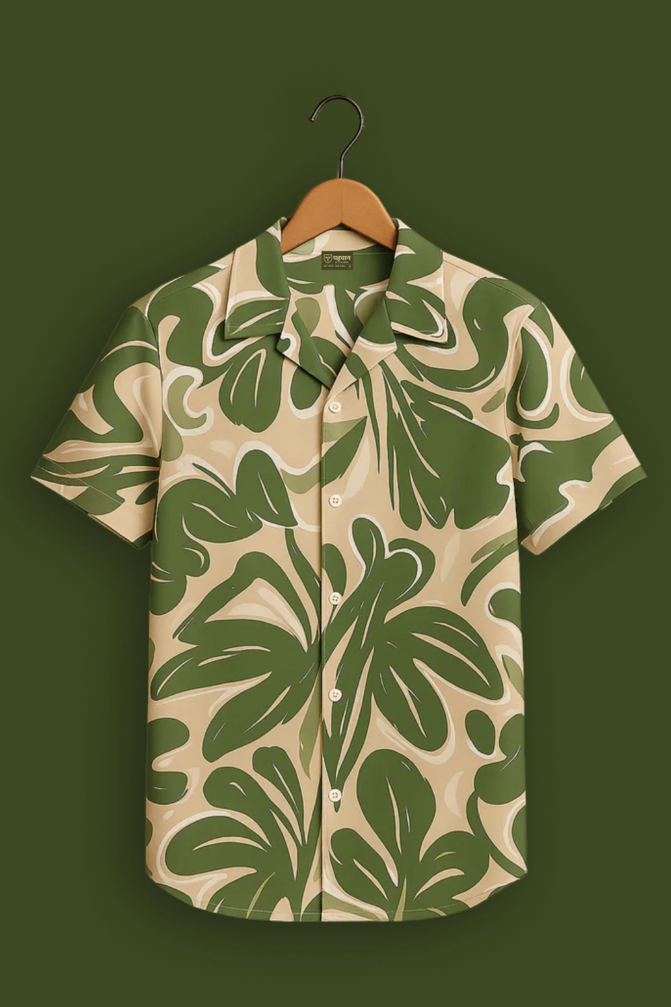 Green Tropical Leaf Print Rayon Shirt