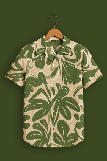 Green Tropical Leaf Print Rayon Shirt