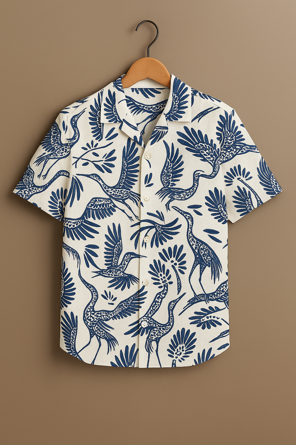 White Crane Print Cotton Shirt