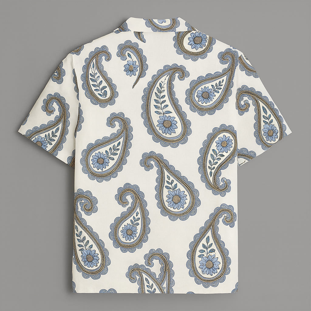 White Paisley Printed Half Sleeve Shirt